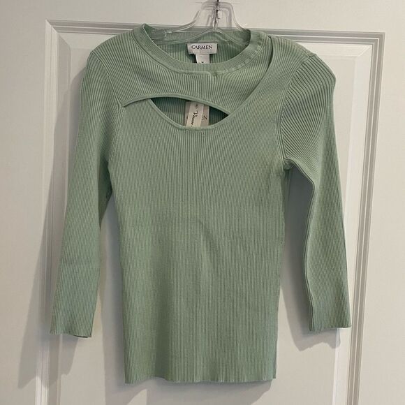 NWT Carmen Marc Valvo Womens Sz. M Mint Ribbed Sweater. Viscose Blend, Keyhole - Picture 1 of 4